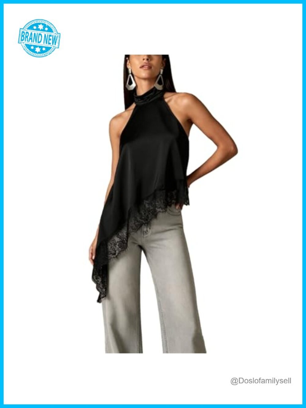Satin Halter Top Mock Neck Lace Trim Asymmetrical Hem Sleeveless Crop
